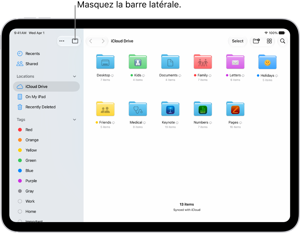 L’app Fichiers affichant les fichiers et dossiers de votre iCloud&nbsp;Drive. En haut de l’écran se trouvent des boutons pour sélectionner des éléments, créer un dossier, modifier la présentation (Liste, Icônes ou Colonnes), et effectuer une recherche.