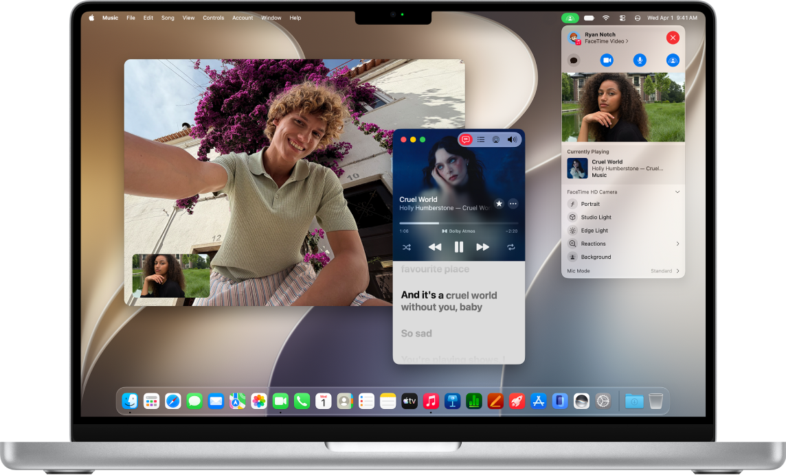 The FaceTime window showing a call with the participants using SharePlay to listen to an album together.