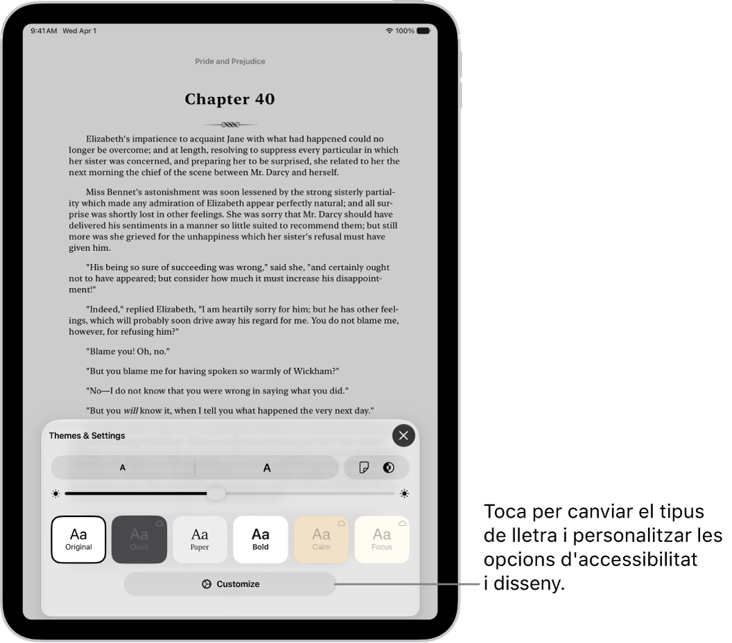 Pàgina d’un llibre a l’app Llibres. Les opcions de temes i configuració mostren els controls de mida de lletra, vista de desplaçament, estil en girar els fulls, brillantor i estils de lletra.