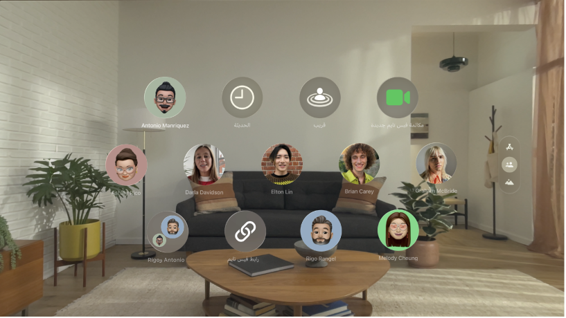 عرض الأشخاص على Apple&nbsp;Vision&nbsp;Pro، تظهر به جهات الاتصال وخيار بدء مكالمة فيس&nbsp;تايم.