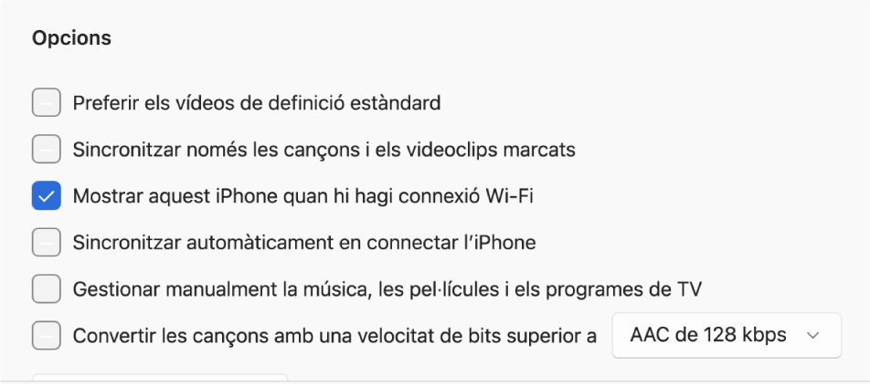 Les opcions de sincronització per gestionar contingut.