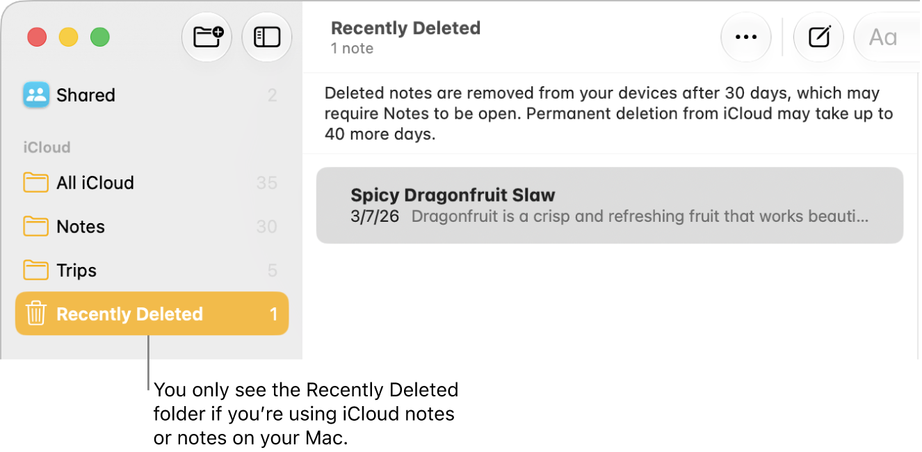 The Notes window with the Recently Deleted folder in the sidebar and a recently deleted note. You only see the Recently Deleted folder if you’re using iCloud notes or notes on your Mac.
