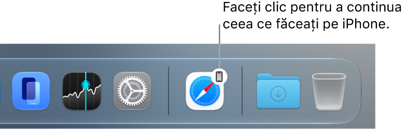 Pictograma Handoff vizibilă în Dock pe un Mac.