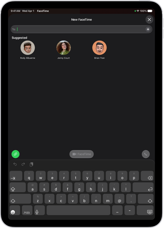 A Group FaceTime call with four participants. The caller’s image appears in a small rectangle at the bottom right.