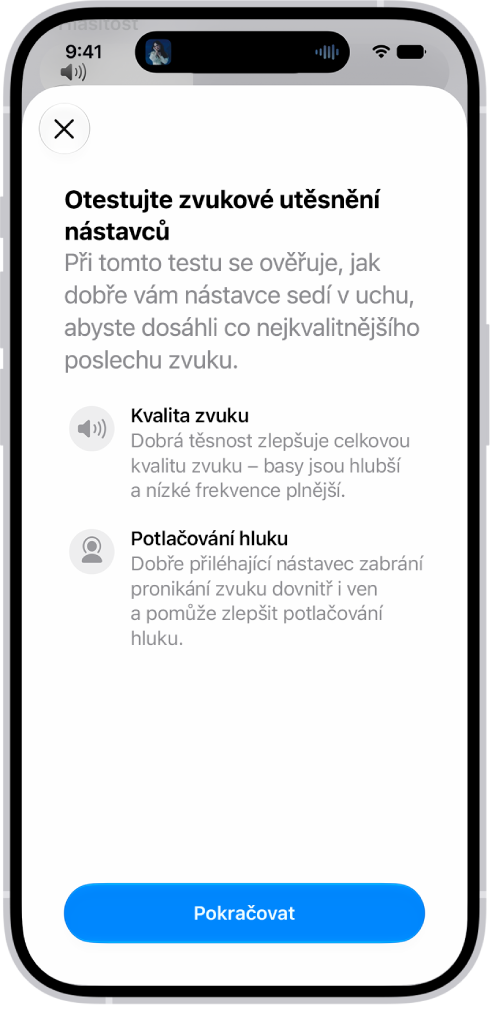 Displej iPhonu se zobrazeným testem akustické těsnosti AirPodů Pro&nbsp;3