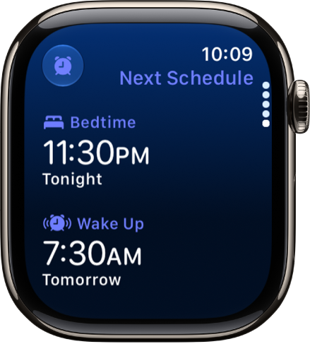 Apple&nbsp;Watch 上的“睡眠” App 显示晚上的睡眠定时。顶部显示“就寝”，其下方是“起床”时间。
