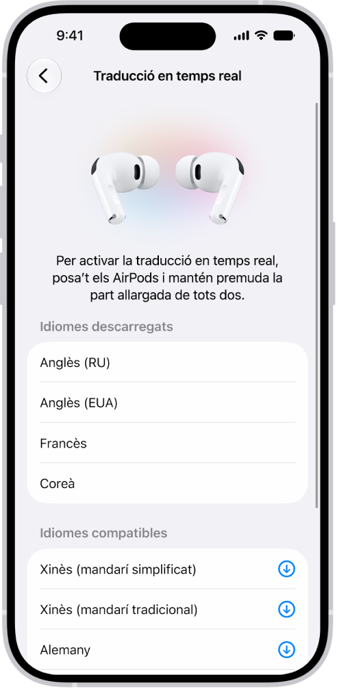 A la configuració de l’app Traducció dels AirPods es mostra una llista dels idiomes descarregats i compatibles.