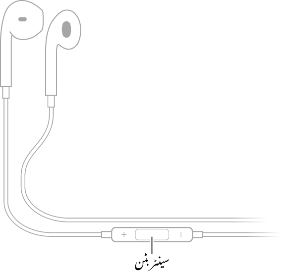 ‏⁨Apple EarPods⁩؛ دائیں کان کے لیے ایئر پیس کی طرف جانے والے تار پر موجود سینٹر بٹن۔
