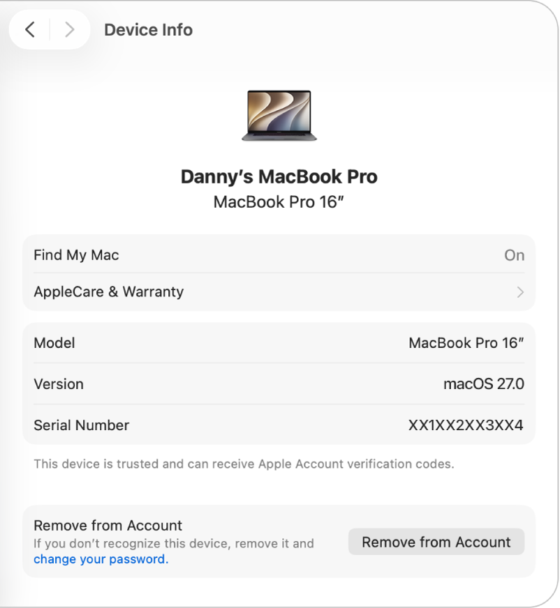 إعدادات حساب Apple تعرض تفاصيل جهاز موثوق به لحساب موجود.