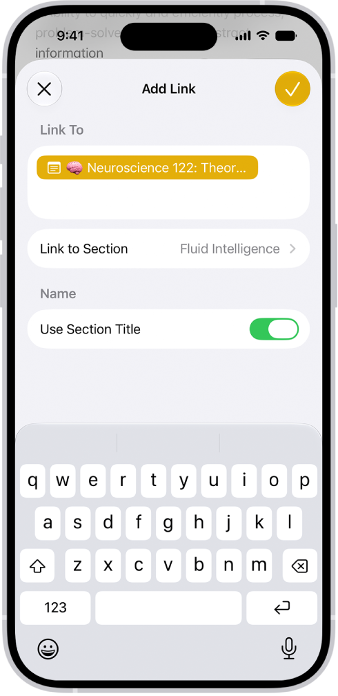 Ajout d’un lien vers une section dans une note dans l’app Notes.