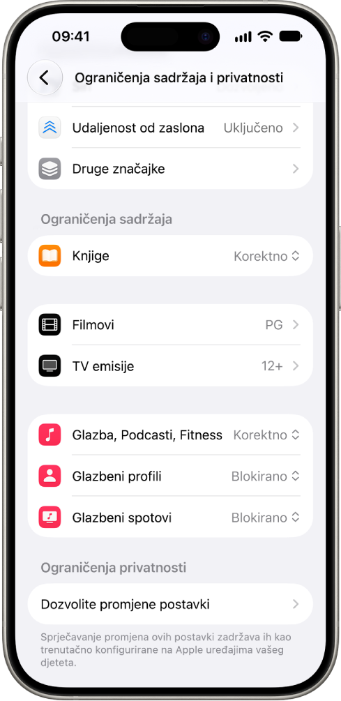 Zaslon Ograničenja sadržaja i privatnosti u postavkama Vremena uporabe zaslona prikazuje opcije za ograničenja sadržaja u kategorijama poput Knjiga, Filmova i drugih.