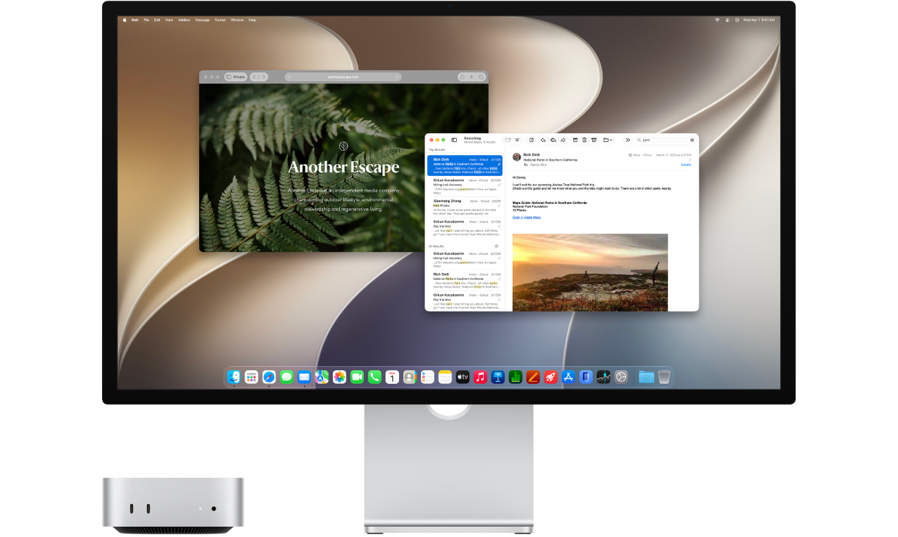 Un Mac&nbsp;mini à côté d’un moniteur. Une fenêtre de l’app Mail et une fenêtre de l’app Safari sont affichées sur le moniteur.