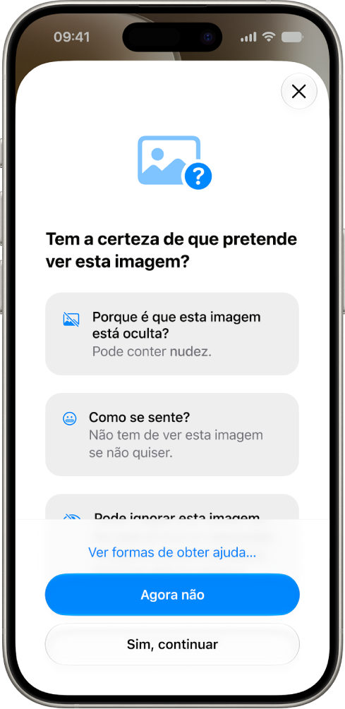 O ecrã “Segurança na comunicação” que mostra um aviso de que uma imagem pode ser sensível com opções para obter ajuda.
