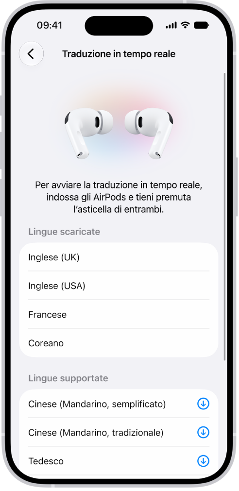 La schermata Lingue nelle impostazioni di Traduci degli AirPods che mostra un elenco di lingue scaricate e supportate.
