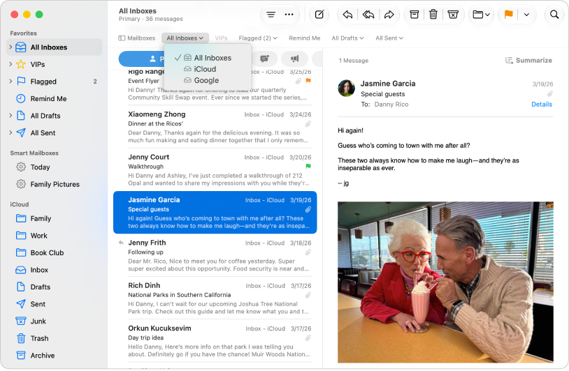 A Mail window showing the All Inboxes menu in the Favorites bar.