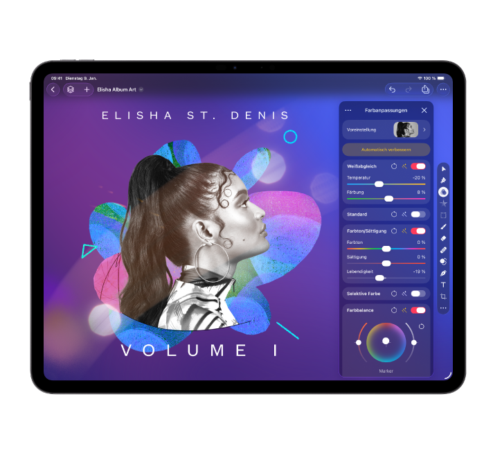 Ein iPad mit dem App-Fenster von Pixelmator Pro.