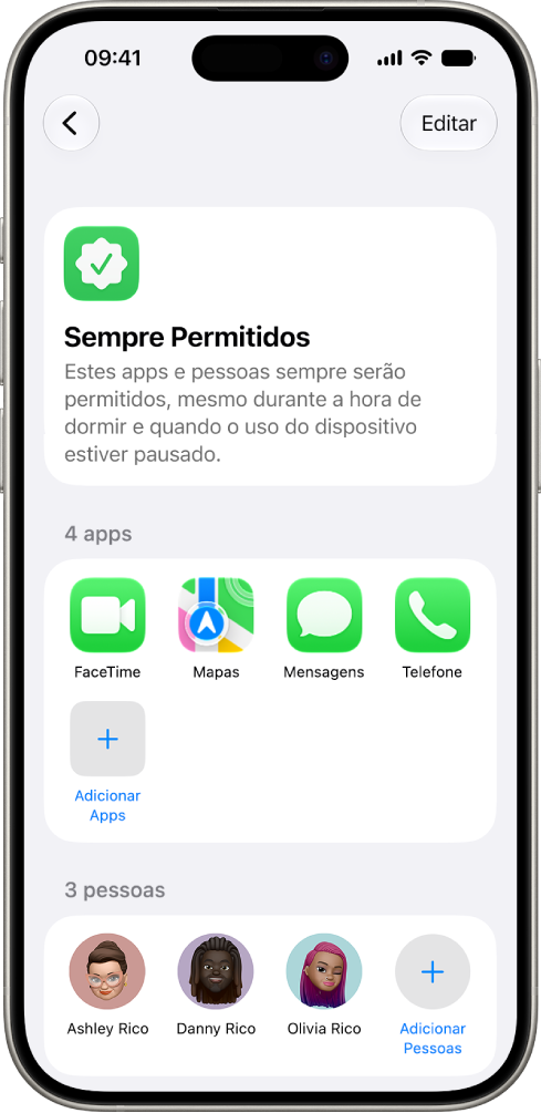 A tela Sempre Permitidos, nos ajustes de Tempo de Uso, mostrando apps e contatos que são sempre permitidos.