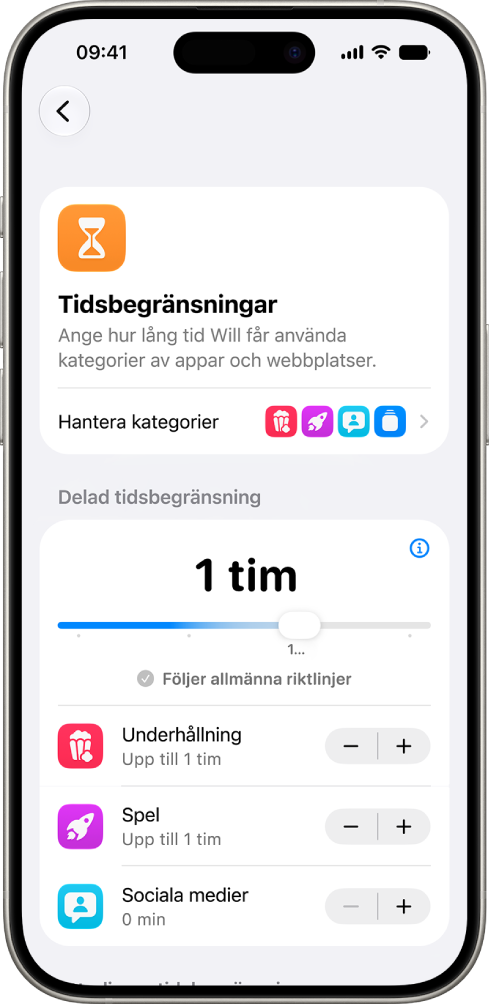 Skärmen Tidsbegränsningar i inställningarna för Skärmtid som visar hur mycket tid som är tillåten för Underhållning, Spel och Sociala medier.