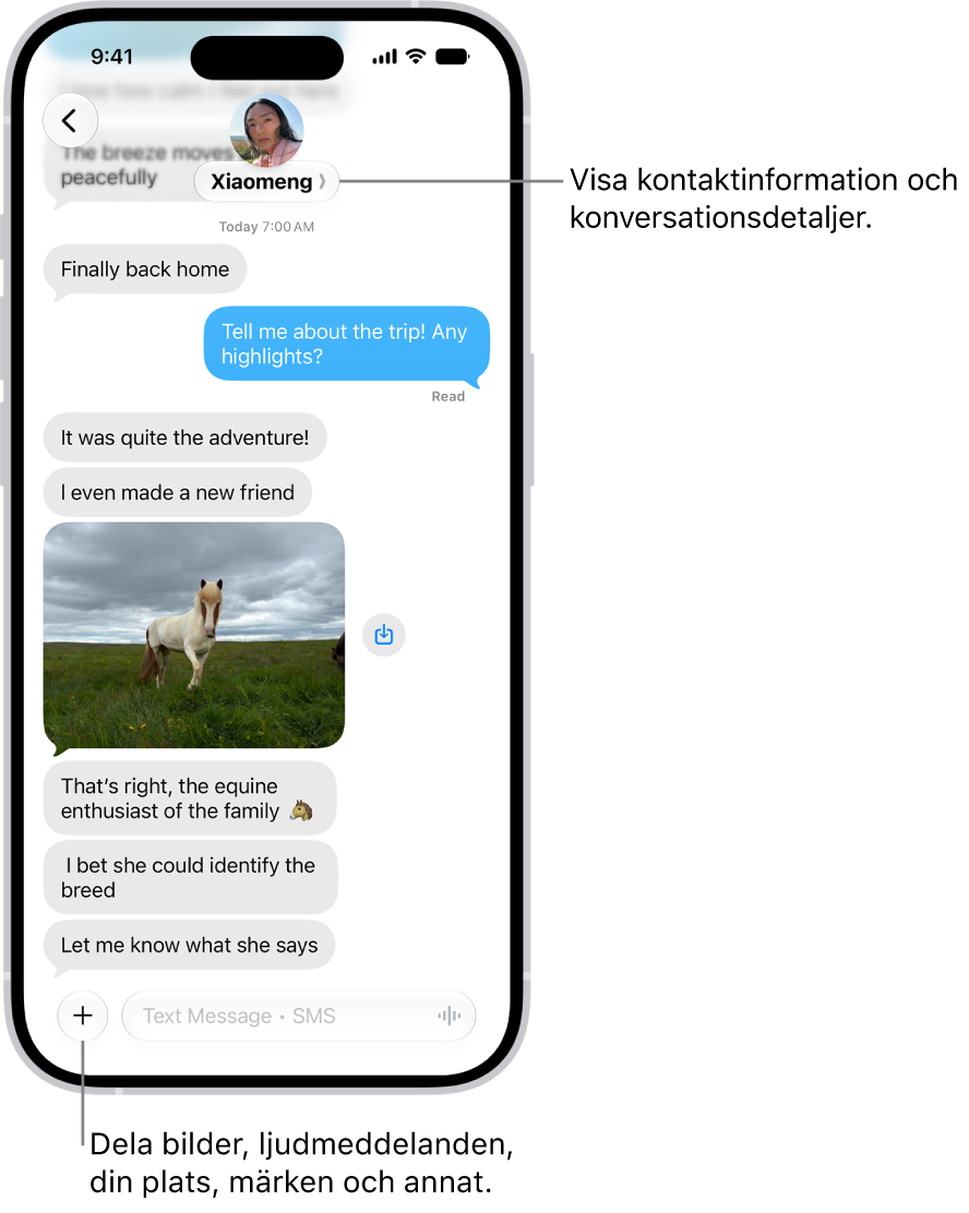 En konversation i Meddelanden. Namnet på den person som du skickar meddelanden till finns överst på skärmen. Du kan visa information om konversationen genom att trycka på namnet. Lägg till-knappen finns längst ned till vänster.