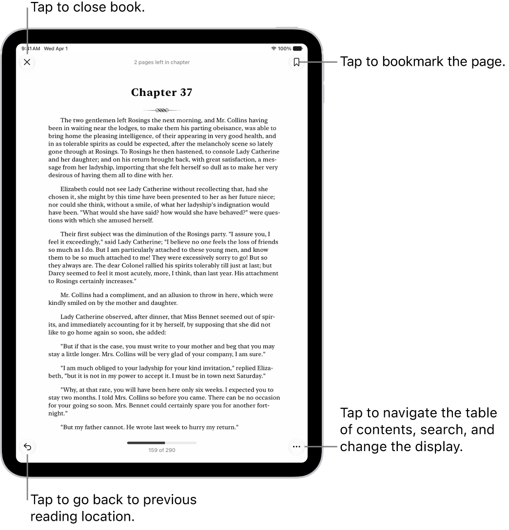 A page of a book in the Books app. At the top of the screen are the buttons for returning to the page on which you began reading and for closing the book. At the bottom right of the screen is the Menu button.