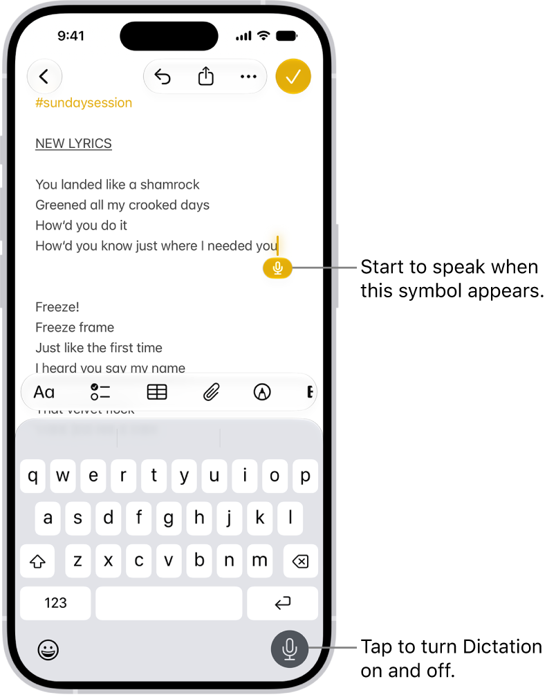 The onscreen keyboard is open in the Mail app. The Dictation button in the bottom-right corner of the screen is selected and the Dictation button appears below the insertion point in the text field.