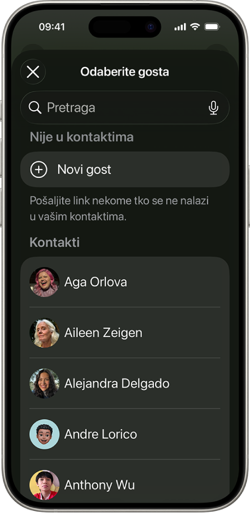 Zaslon Odaberite gosta i popis kontakata na iPhoneu.