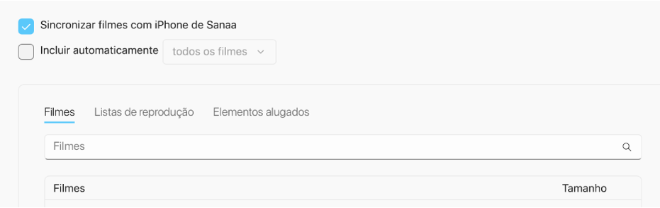 A opção “Sincronizar filmes com [dispositivo]” está assinalada e o menu pop‑up “Incluir automaticamente” está por baixo.