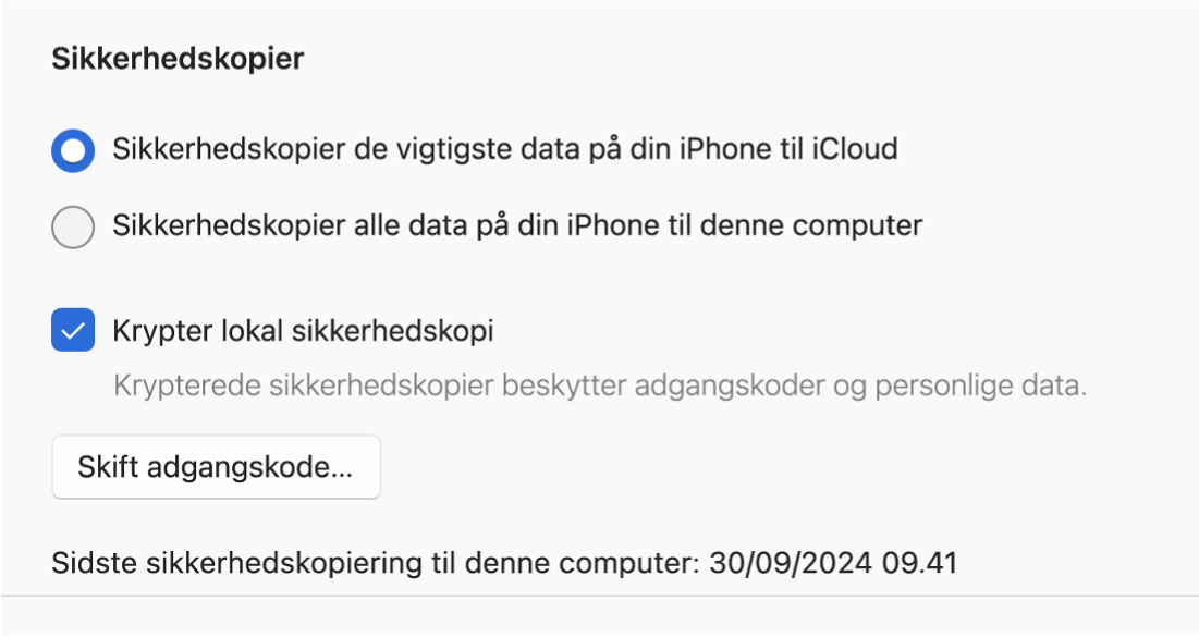 Et vindue i Apple Devices med indstillinger til sikkerhedskopiering og gendannelse af en Apple-enhed.
