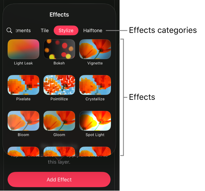 The Effects browser open and displaying thumbnails of various effects categories and presets in the current category that can be applied to the selected layer.