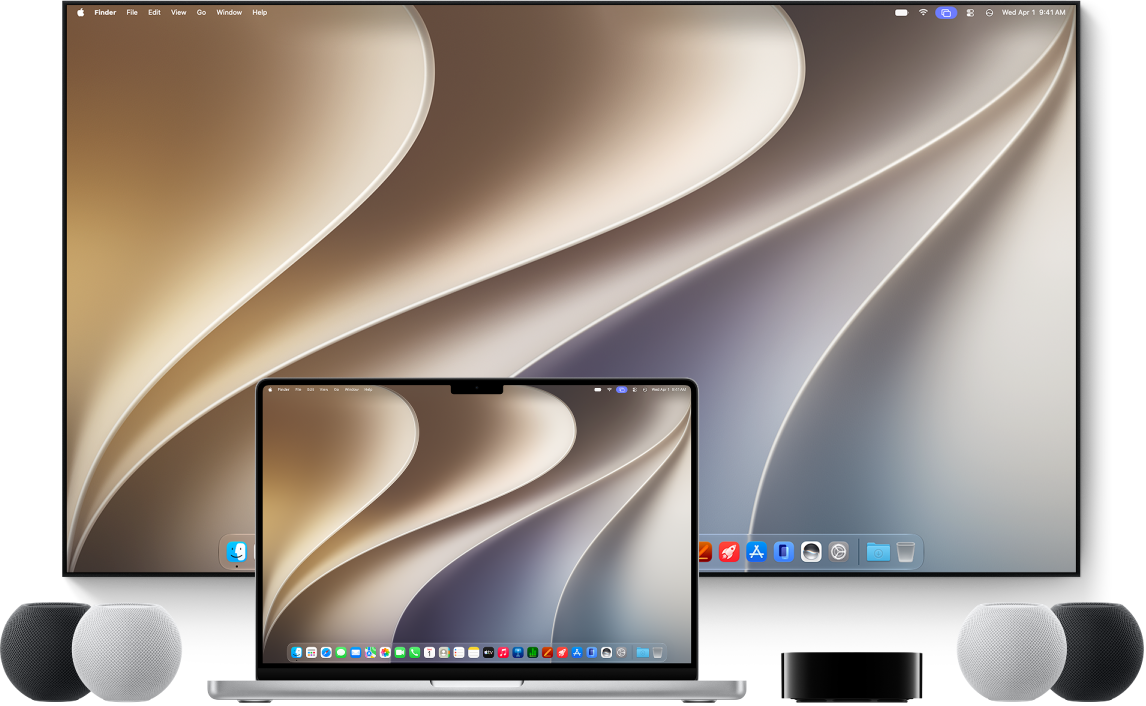 A Mac computer and devices that it can stream content to using AirPlay—for example, an Apple TV 4K, HomePod mini speakers, and a smart TV.