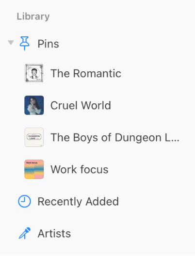The sidebar in Apple Music showing four pinned items below Library.
