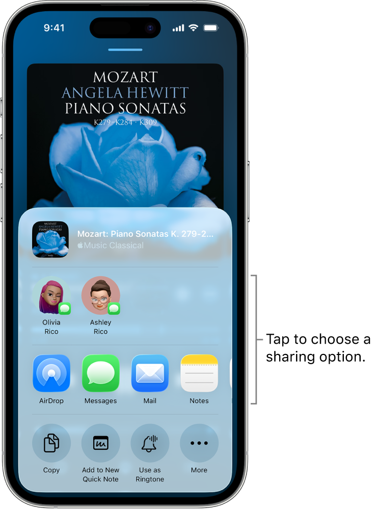 An iPhone showing a classical playlist at the top of the screen, with contacts and sharing options below.