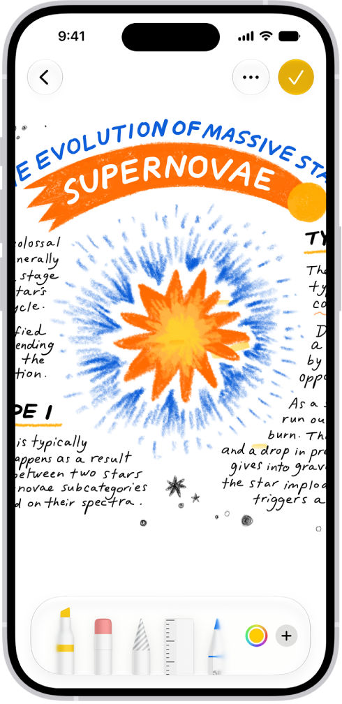 A note is open in the Notes app, and the Markup toolbar is open at the bottom of the screen. The Markup tools shown from left to right are: the Pen, Mono line, Marker, Eraser, Lasso, Ruler, and Pencil, followed by the Color Picker button and the Add button.