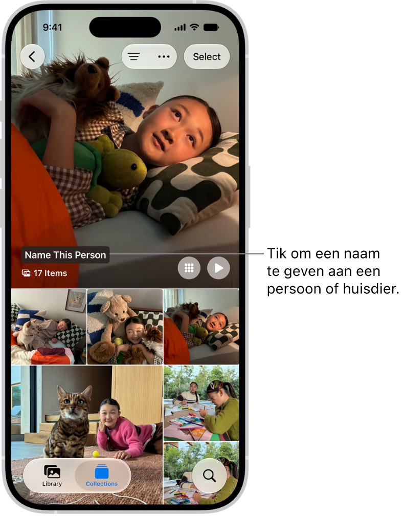 De verzameling 'Personen en huisdieren' in de Foto's-app. Groepen staan bovenaan en personen en huisdieren worden daaronder weergegeven.