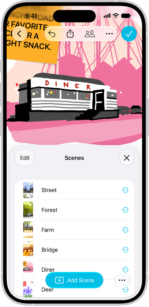 A Freeform board with the Scene Navigator open and several saved scenes.