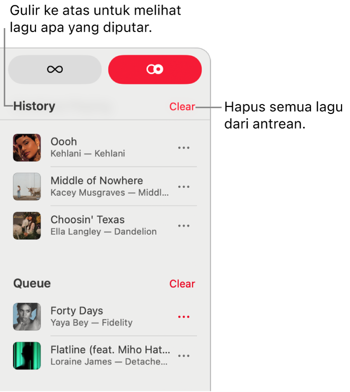 Antrean terlihat di pojok kanan atas Apple Music. Bagian Riwayat dan Antrean muncul.