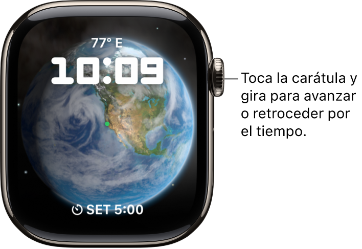 La carátula Astronomía muestra el día, la fecha y la hora actual. Hay una complicación Temporizador en la parte inferior. Toca la carátula y gira la Digital&nbsp;Crown para avanzar o retroceder el tiempo.