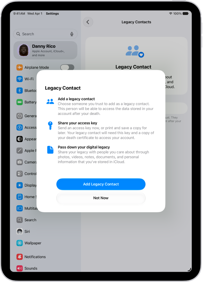 The Legacy Contact screen with information about the feature. The Add Legacy Contact button is at the bottom.