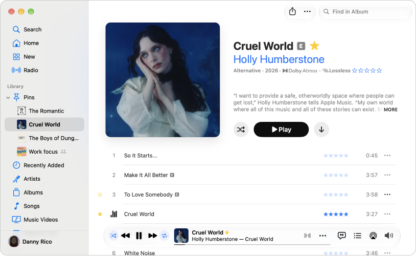 The Apple Music window showing pinned albums in the sidebar.