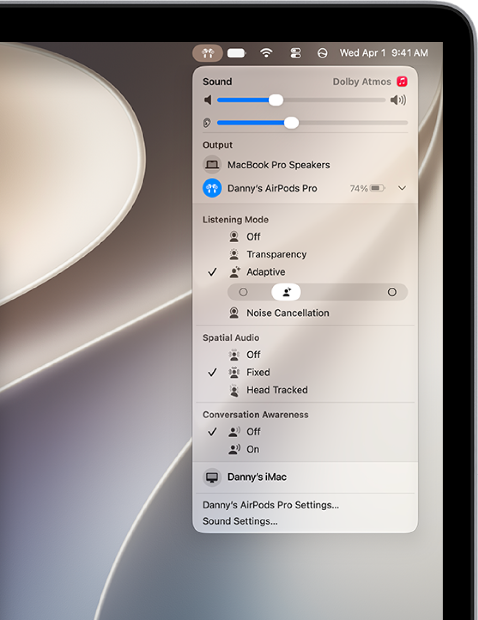 The AirPods icon is selected on the right side of the menu bar on Mac. For AirPods&nbsp;Pro, Adaptive is selected below Listening Mode and Conversation Awareness is Off.