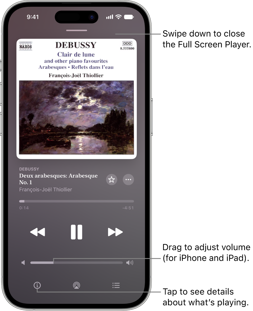 An iPhone showing the Now Playing screen in Apple Music Classical. At the top of the screen is a gray bar that you tap to hide the Now Playing screen and switch back to the MiniPlayer. Beneath the bar is album art, the name of the work, and the timeline, which shows the length of the track and how much time has elapsed. In the lower part of the screen are the Skip Backward, Pause, and Skip Forward buttons, the volume control, and the Info, AirPlay, and Playing Next buttons.