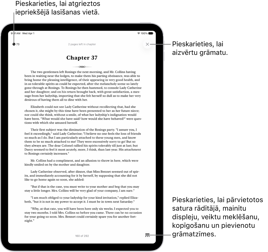 Grāmatas lappuses lietotnē Books. Ekrāna augšdaļā ir pogas, lai atgrieztos lappusē, kurā sākāt lasīšanu, kā arī pogas grāmatas aizvēršanai. Ekrāna apakšējā labajā stūrī ir poga Menu.