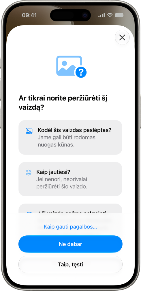 Ekrane „Saugus bendravimas“ rodomas įspėjimas, kad aptiktas nuogumas, ir parinktys, kaip gauti pagalbos.