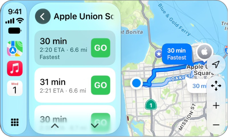 CarPlay showing Maps, Music, and Calendar in the Sidebar. On the right is a map showing two different navigation routes to get from point A to point B.