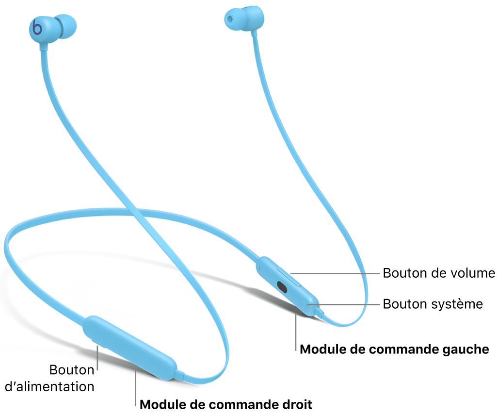 Image des Beats&nbsp;Flex indiquant l’emplacement du bouton d’alimentation sur le module de commande droit, ainsi que l’emplacement du bouton de volume et du bouton système sur le module de commande gauche.