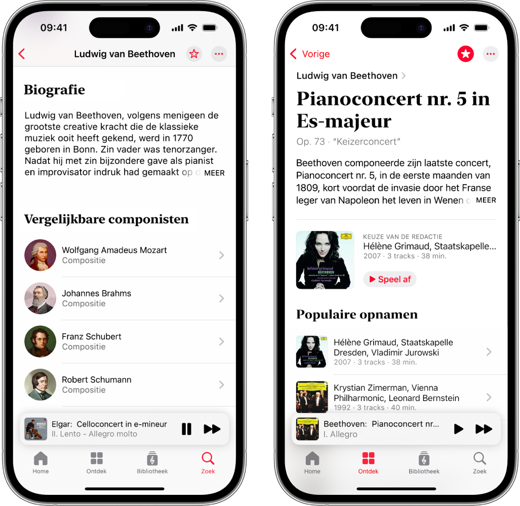 Twee iPhones waarop diverse informatie over klassieke muziek wordt weergegeven. Op de eerste wordt aan de bovenkant van het scherm de biografie van een componist weergegeven. Op de tweede wordt onder de naam van het muziekstuk een beschrijving van het muziekstuk weergegeven.