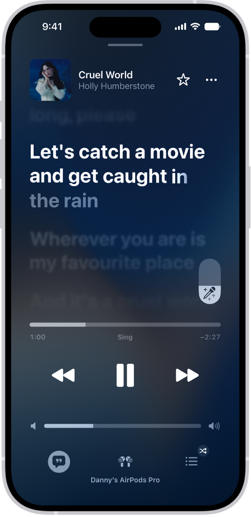 The Now Playing screen showing the Apple Music Sing slider to the right of the lyrics. The currently playing lyrics are highlighted.