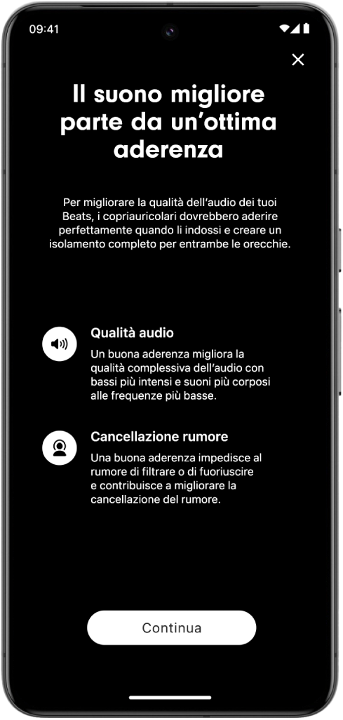 Una schermata di un dispositivo Android che mostra “Test aderenza copriauricolari”.