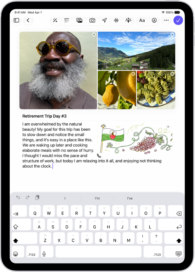 A screen in the Journal app showing photos and an entry in progress.