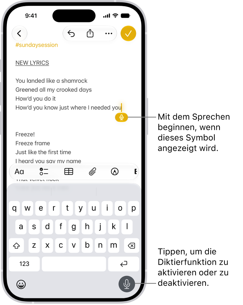 Die Online-Bildschirmtastatur ist in der App „Mail“ geöffnet. Die Taste „Diktat“ unten rechts auf dem Bildschirm wird ausgewählt und die Taste „Diktat“ erscheint unter der Einfügemarke im Eingabefeld.